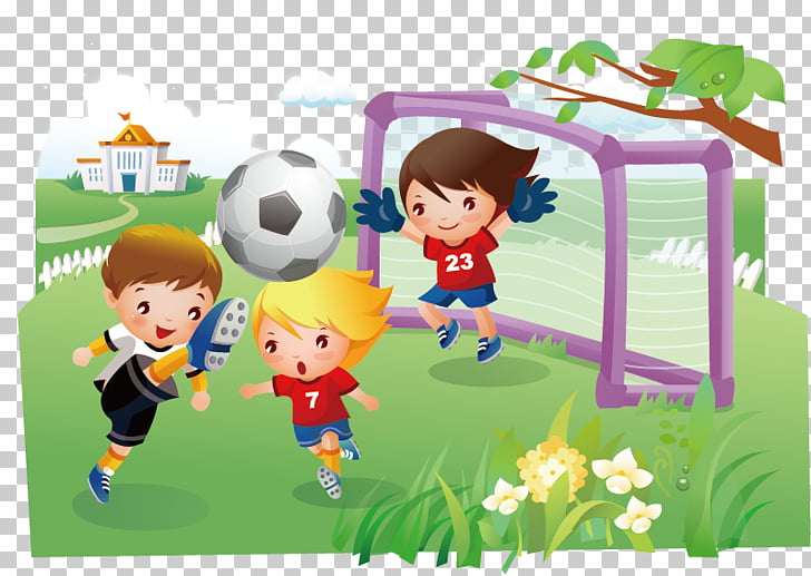 Children\'s cartoon material, three boys playing soccer.