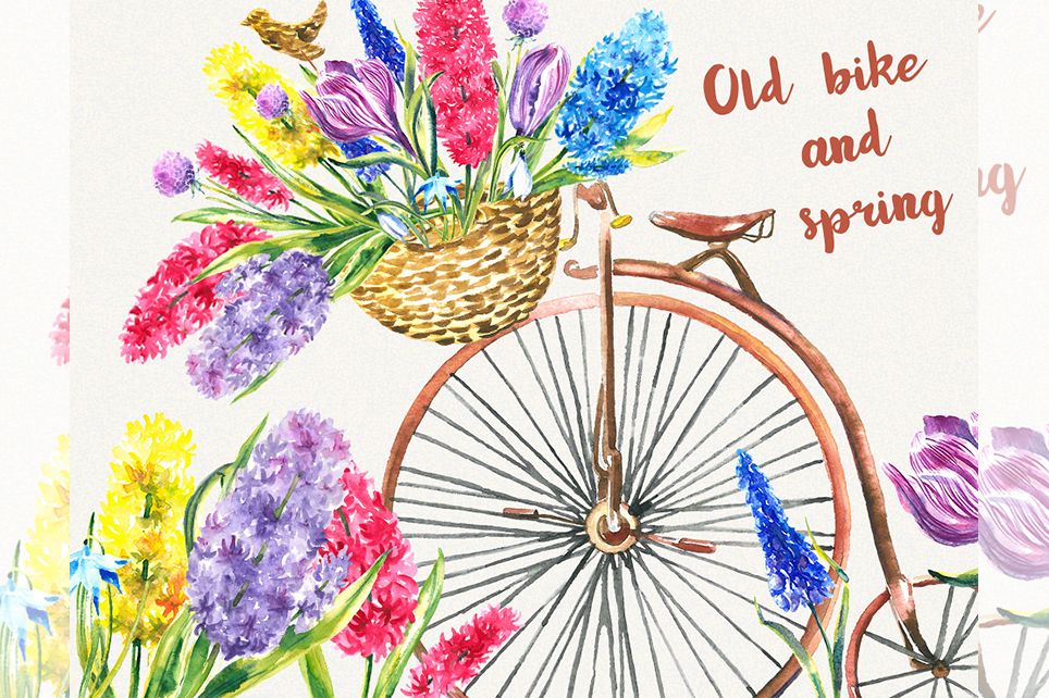 Bike clipart Garden clipart Spring flower clipart.