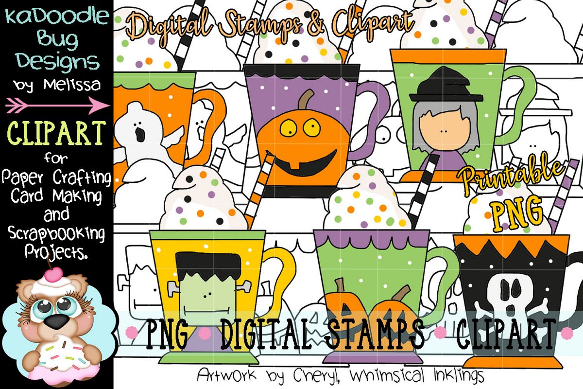 Halloween Coffee Mug Digital Stamp and Clipart Illustrations.