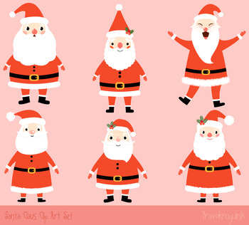 Cute Santa clip art set, Santa Claus clipart, Kawaii Christmas clipart.