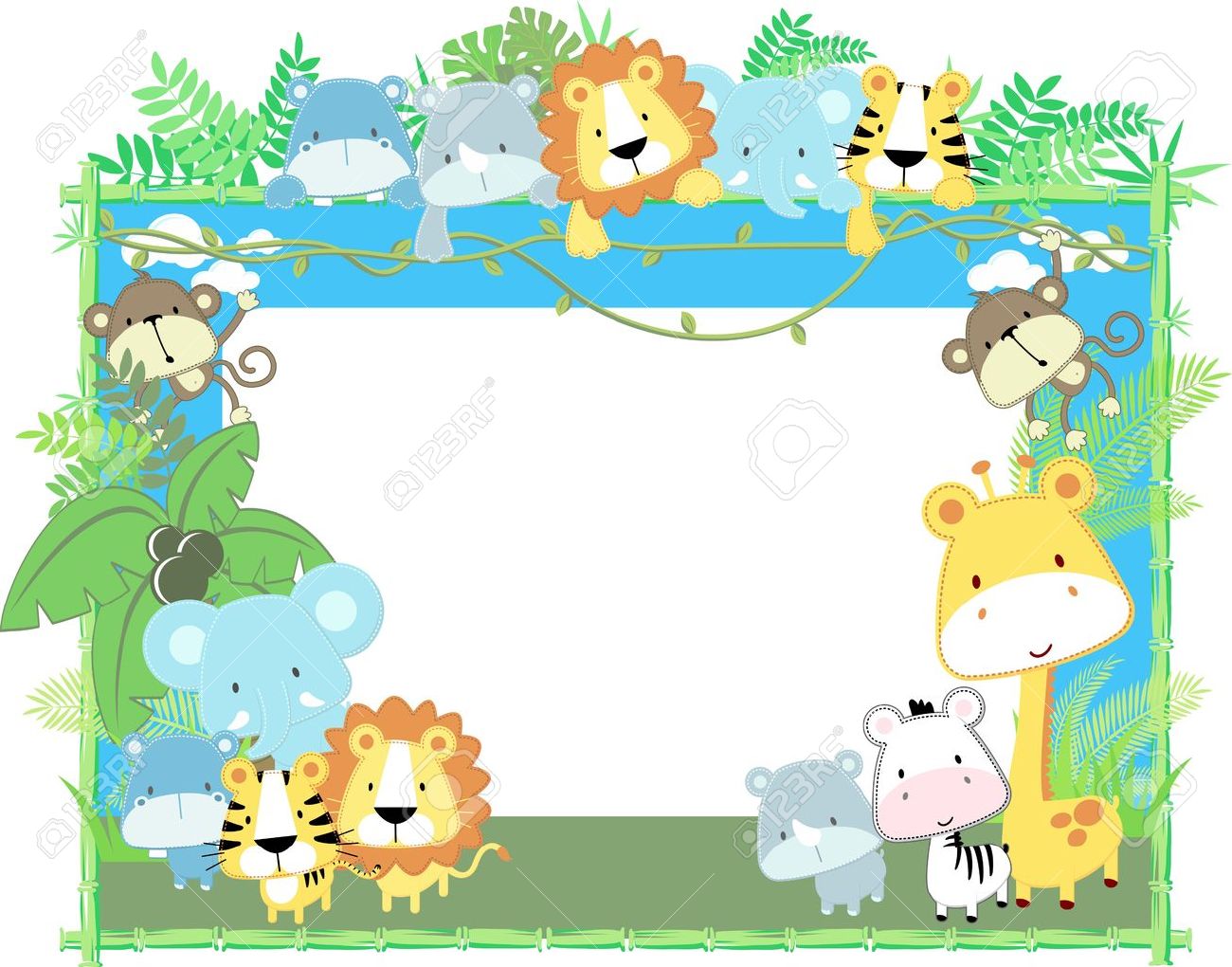 cute jungle baby animals jungle plants and bamboo frame, vector...