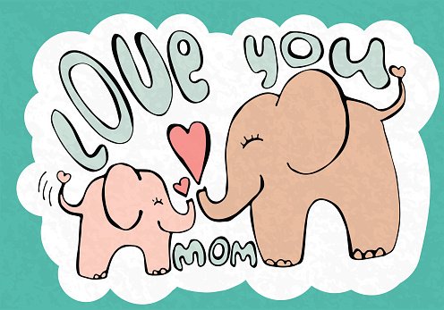 Love you mom, greetings card with cute animals, mothers day.