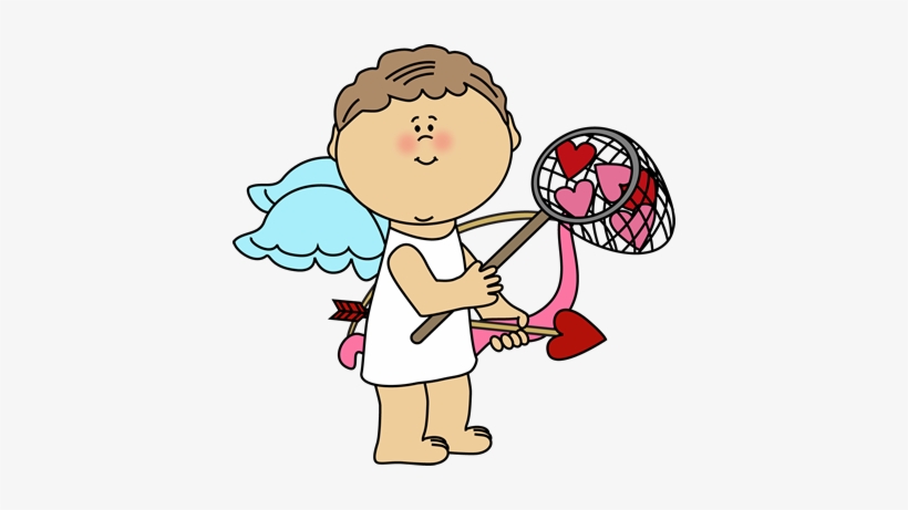 Cupid Catching Valentine Hearts Clip Art.