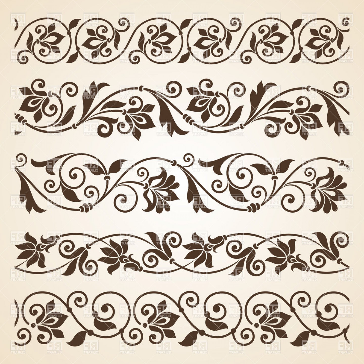 Set Of Five Curly Vintage Floral Borders Vector Clipart.