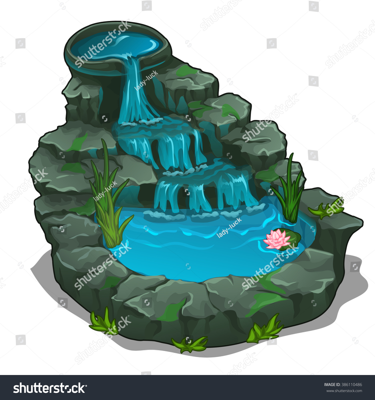 Small Pond Waterfall Water Lilies Landscape Stock Vector 386110486.