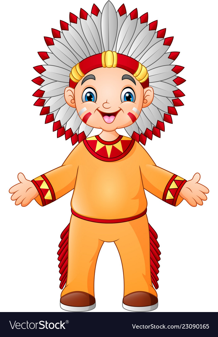 Cartoon boy native american indian with traditiona.