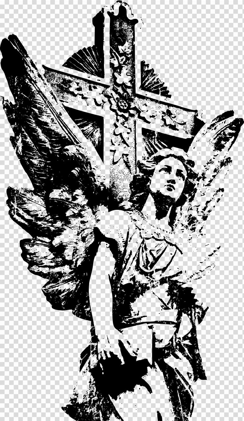 Angel beside cross illustration transparent background PNG.