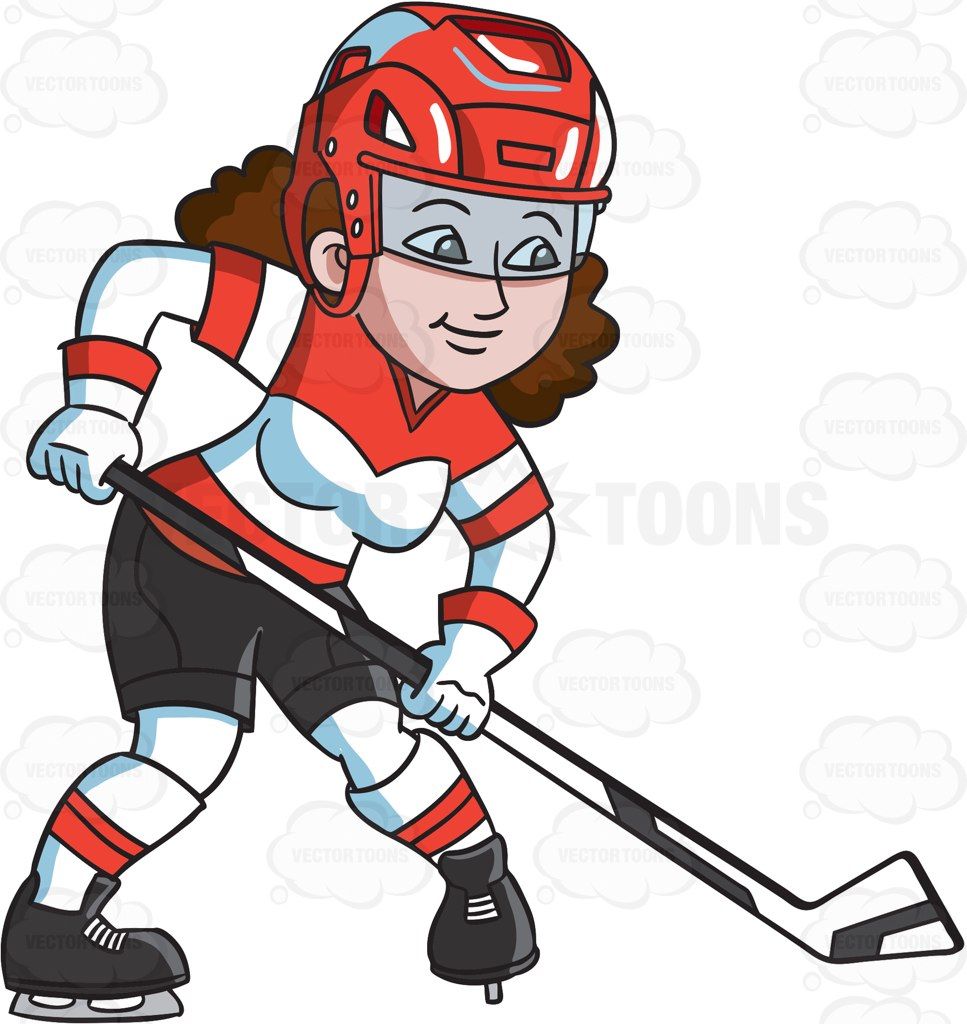 A female hockey player getting ready to pass the puck.