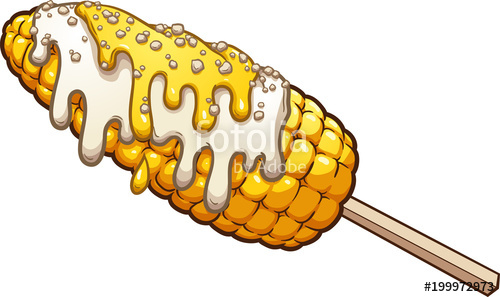 Corn on the cob with mayonnaise and cheese. Vector clip art.