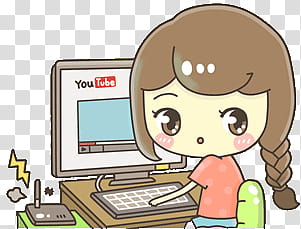 Kawaii People, animated girl using computer watching YouTube.