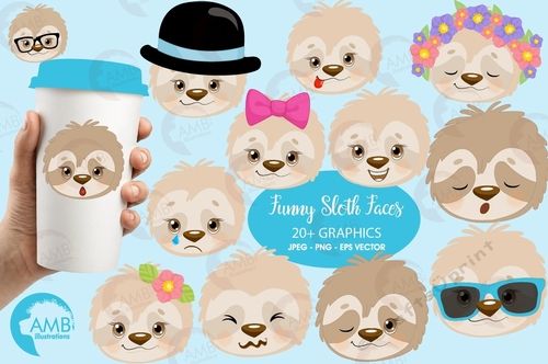 Sleepy sloth faces clipart, emoji faces, sloth emoji clipart.