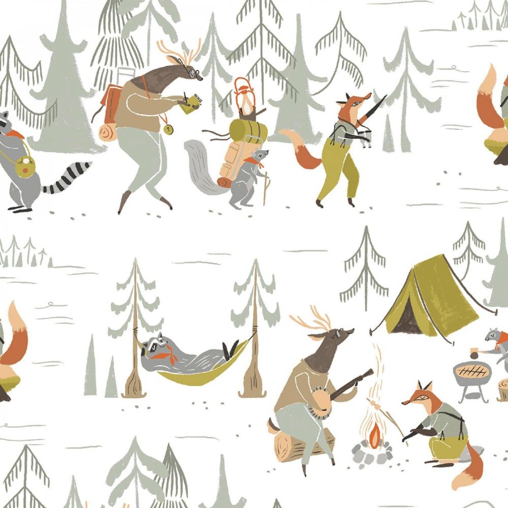 Camp Wander Animal Camping Scenic Campfire Woodland Trees Fox Raccoon  Squirrel Dear Stella Cotton Fabric.