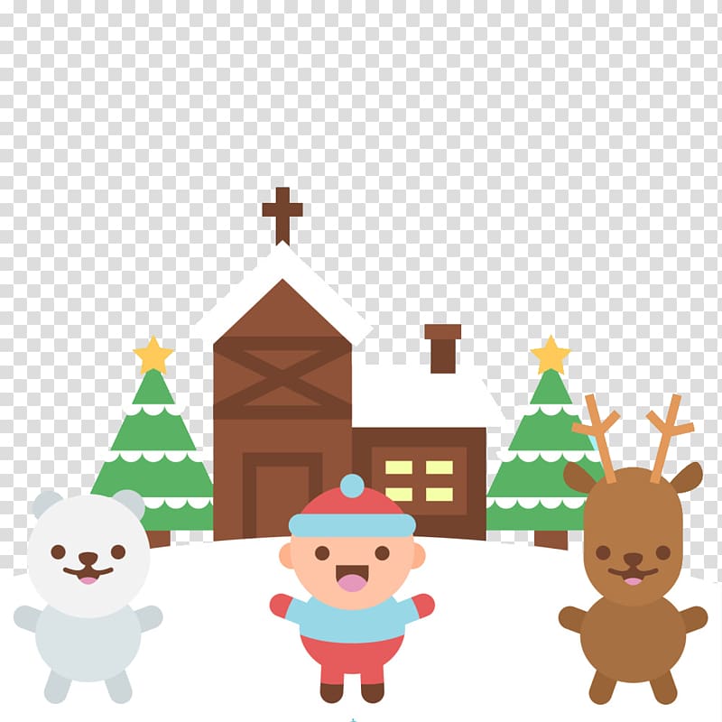 Winter snow building with animals transparent background PNG.