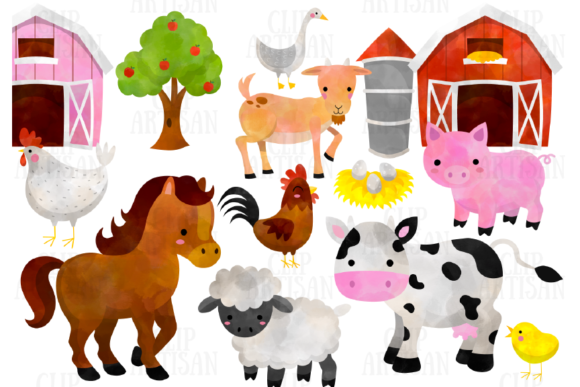 Watercolor Farm Animals Clipart (Graphic) by ClipArtisan.