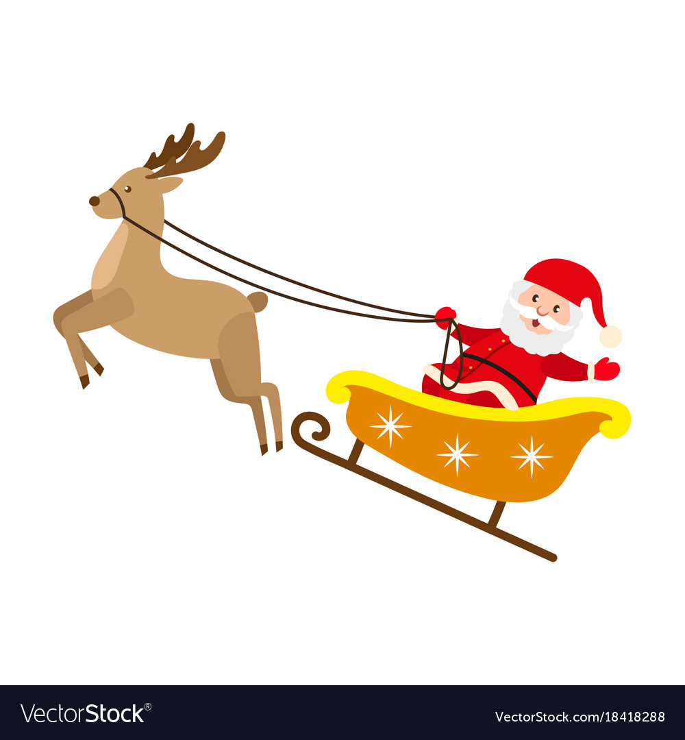 Santa claus riding reindeer christmas sleigh.