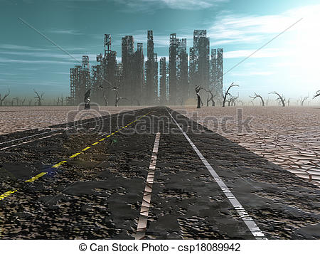 Drawing of Weathered road leads into abandoned city csp18089942.