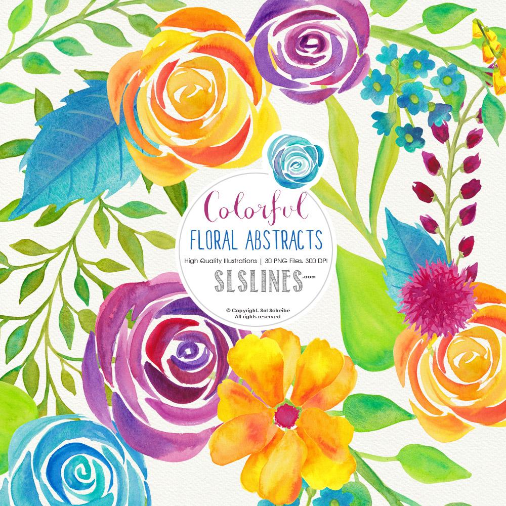 Colorful Floral Abstracts Watercolor Clipart.