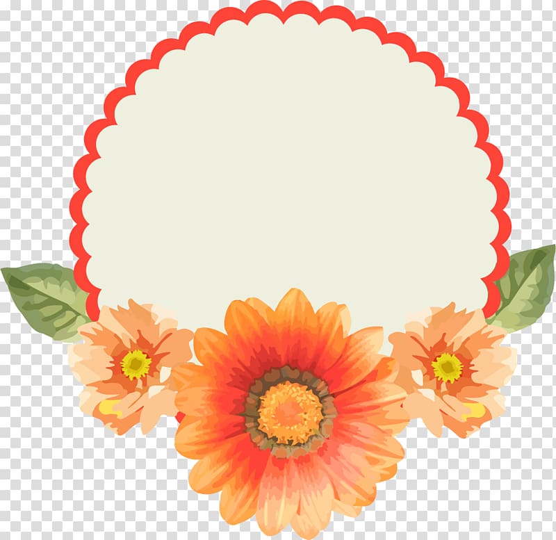 Round red frame with orange flowers accent , Paper Label.