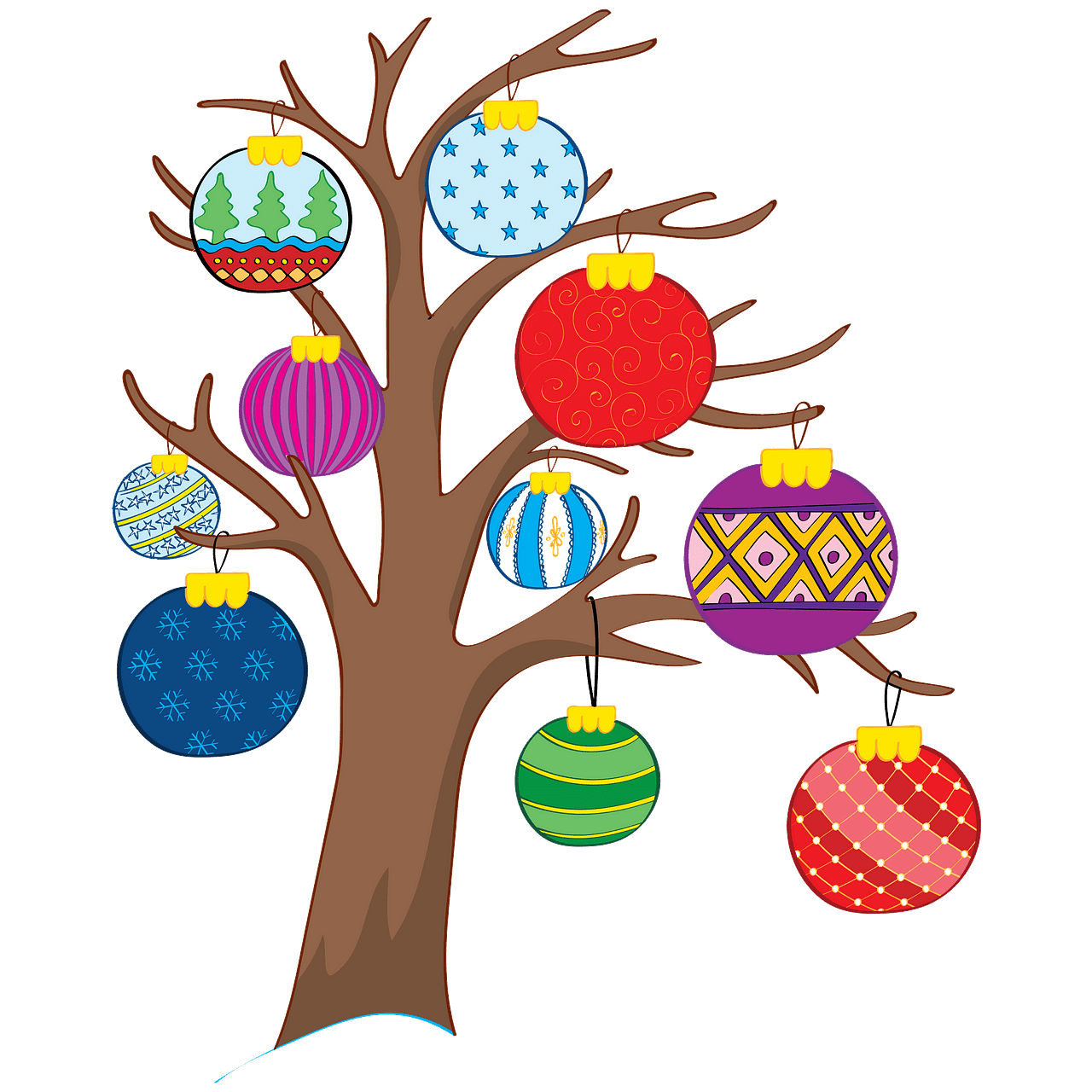 Árbol con adornos navideños clipart. Dibujos animados.