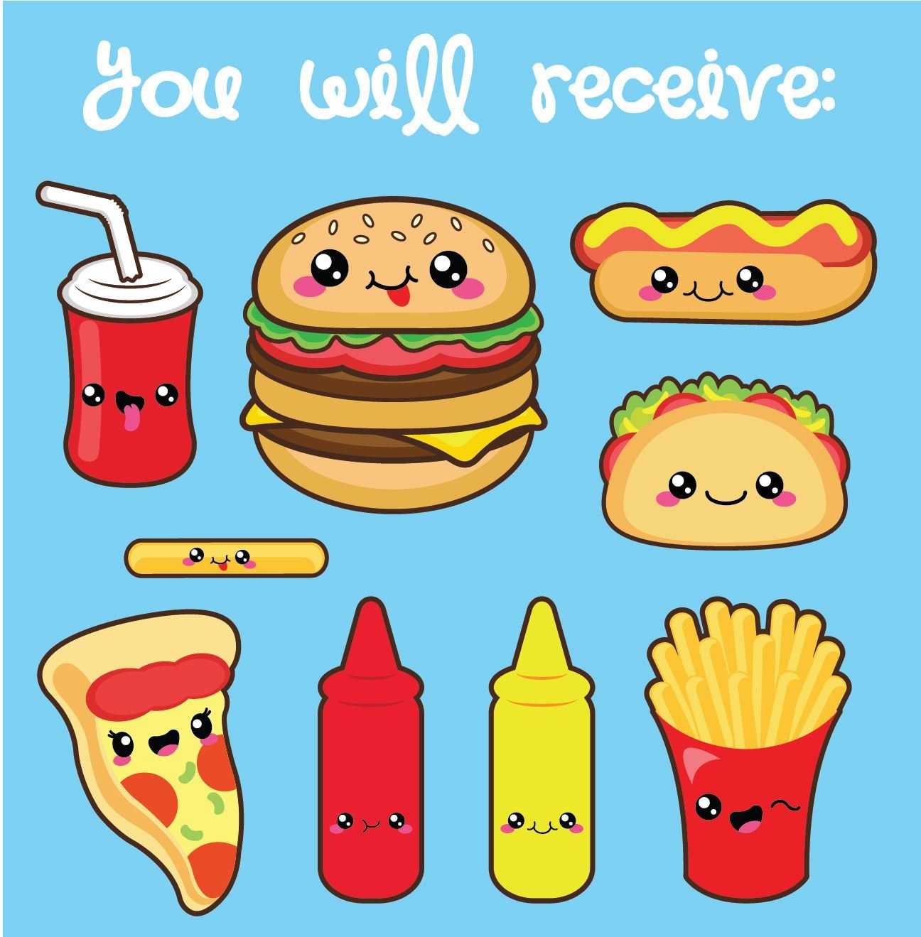 Kawaii clipart, kawaii fast food clipart, kawaii food.