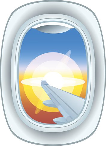 Airplane window view vector illustration. Clipart Image.