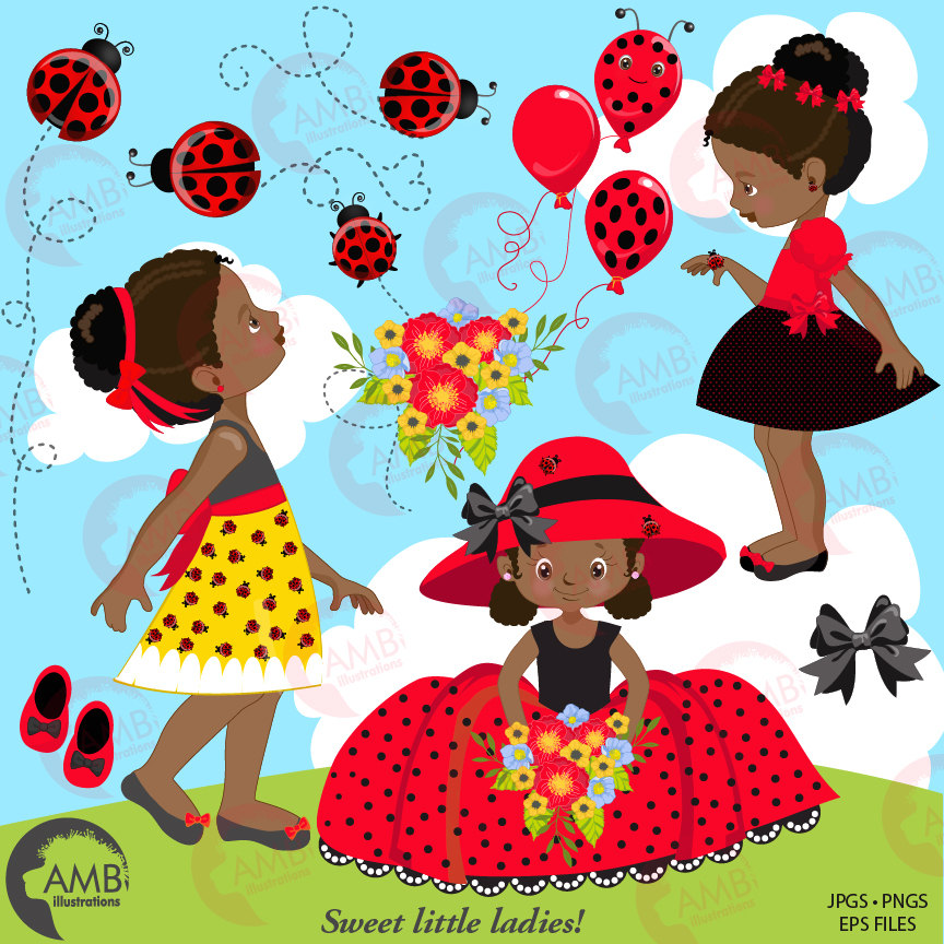 Ladybug clipart, Little Ladybug African American girls clipart.