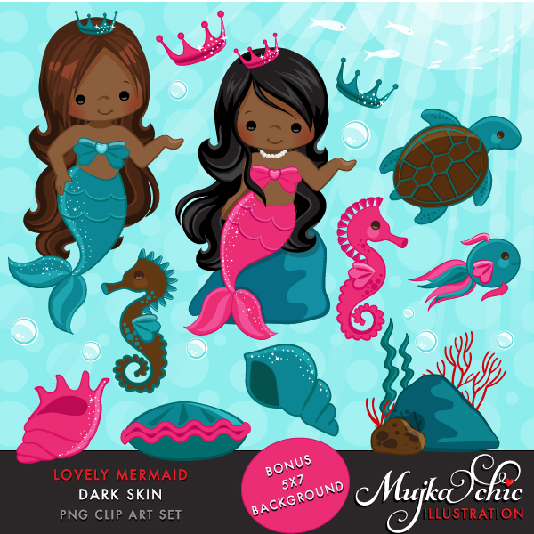 Lovely Little Mermaid Clipart Dark Skin.