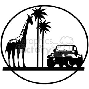 African safari trip giraffe and jeep clipart. Royalty.