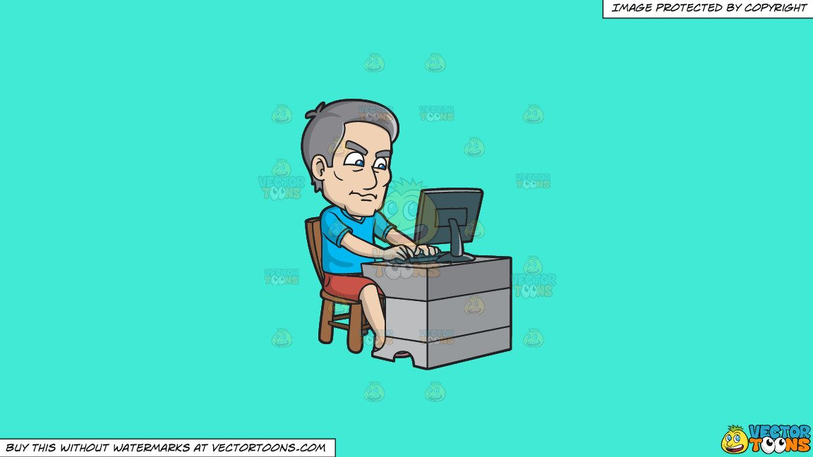 Clipart: A Mature Man Gets Agitated While Using The Computer on a Solid  Turquiose 41Ead4 Background.