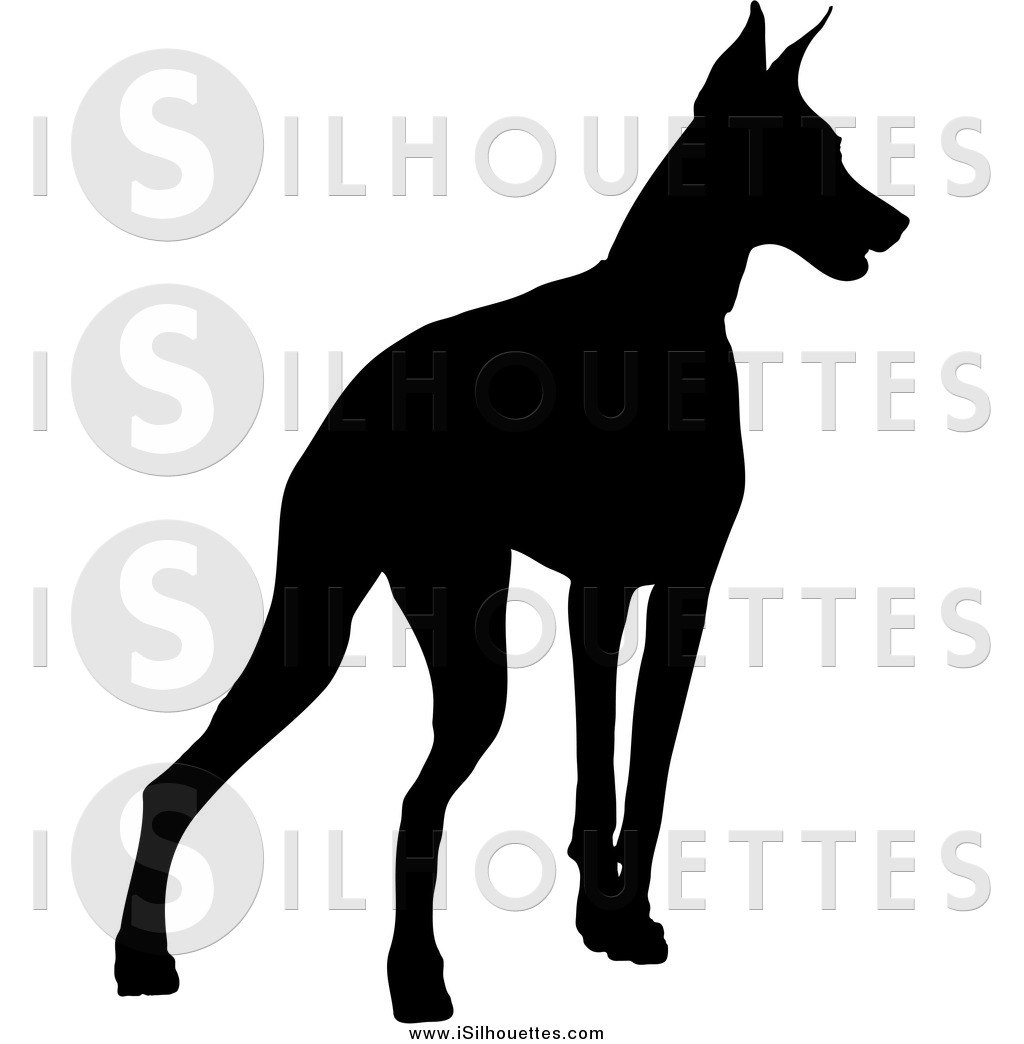 Clipart of a Black Alert Silhouetted Doberman Pinscher Dog.