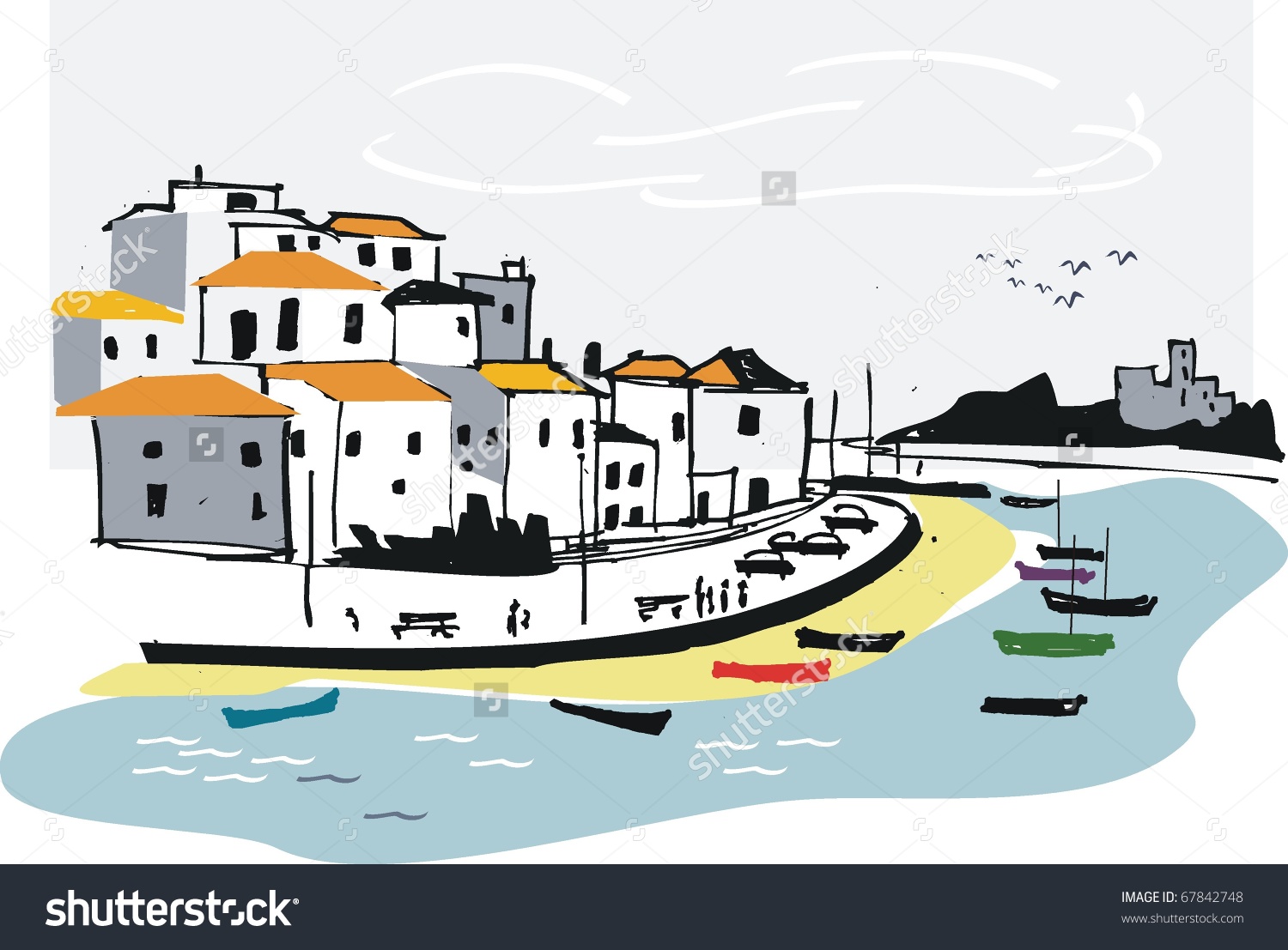 Vector Illustration Algarve Fishing Village Portugal Stock Vector.