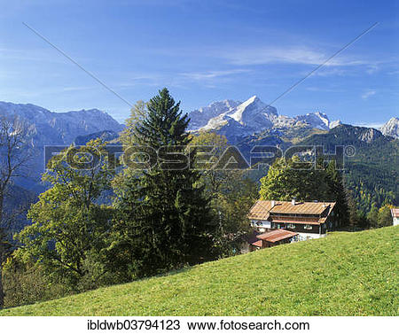 Stock Photo of "Gasthof Eckbauer guesthouse in front of Alpspitze.