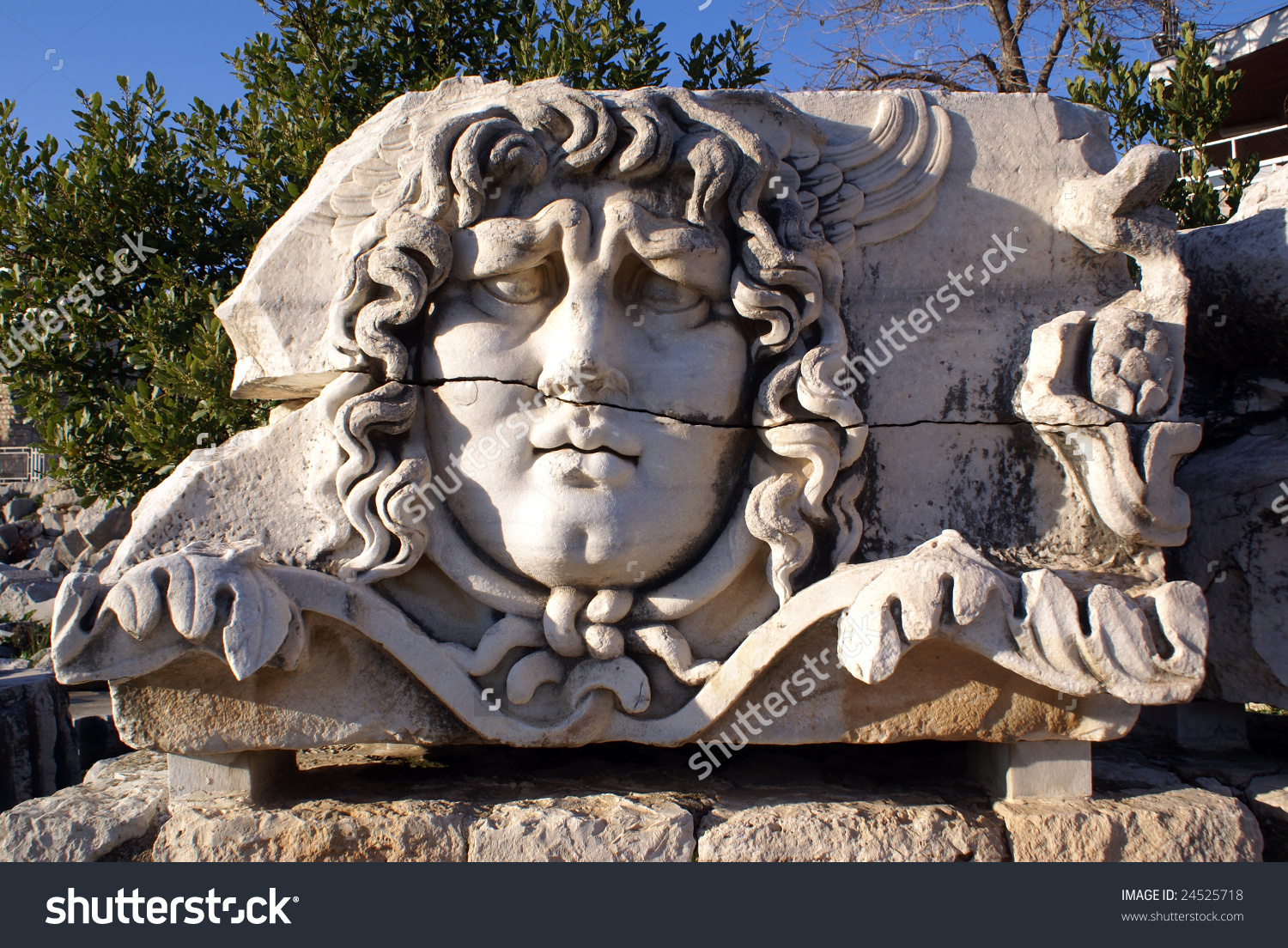 Medusa Gorgona On Ruins Of Apollo Temple In Didim, Turkey Stock.