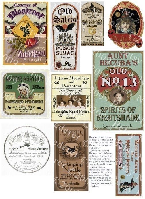 Vintage Halloween Witch Potion Bottle Labels Digital.