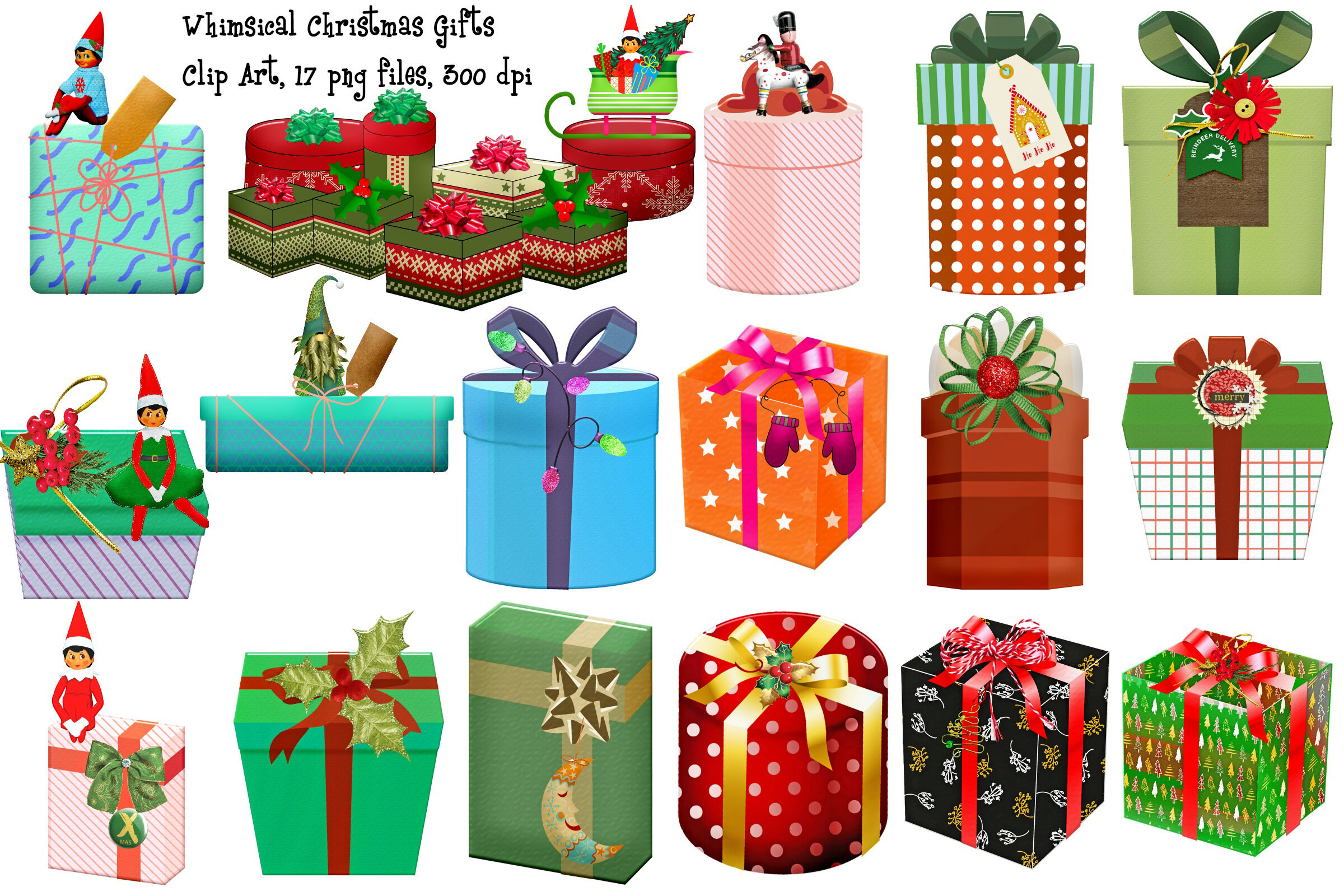 Whimsical Christmas Gifts Clip Art By Me and Ameliè.