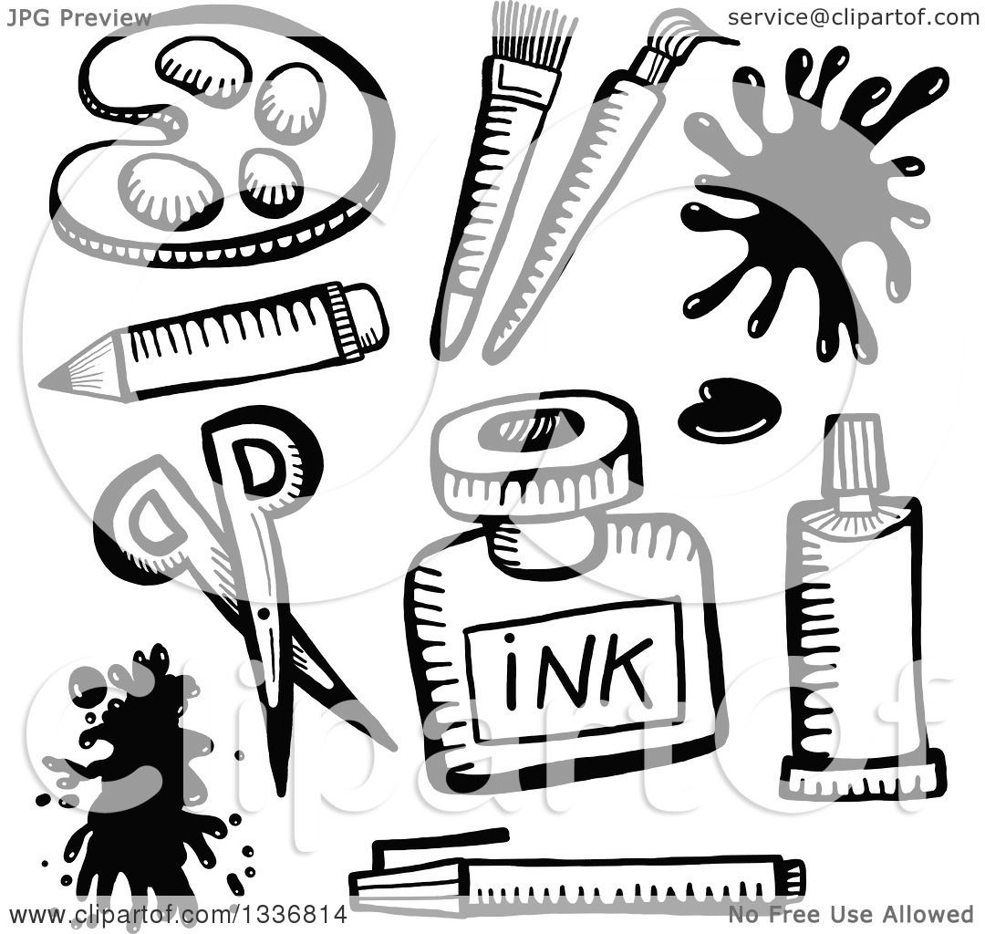 Clipart of Sketched Black and White Doodled Art Supplies.