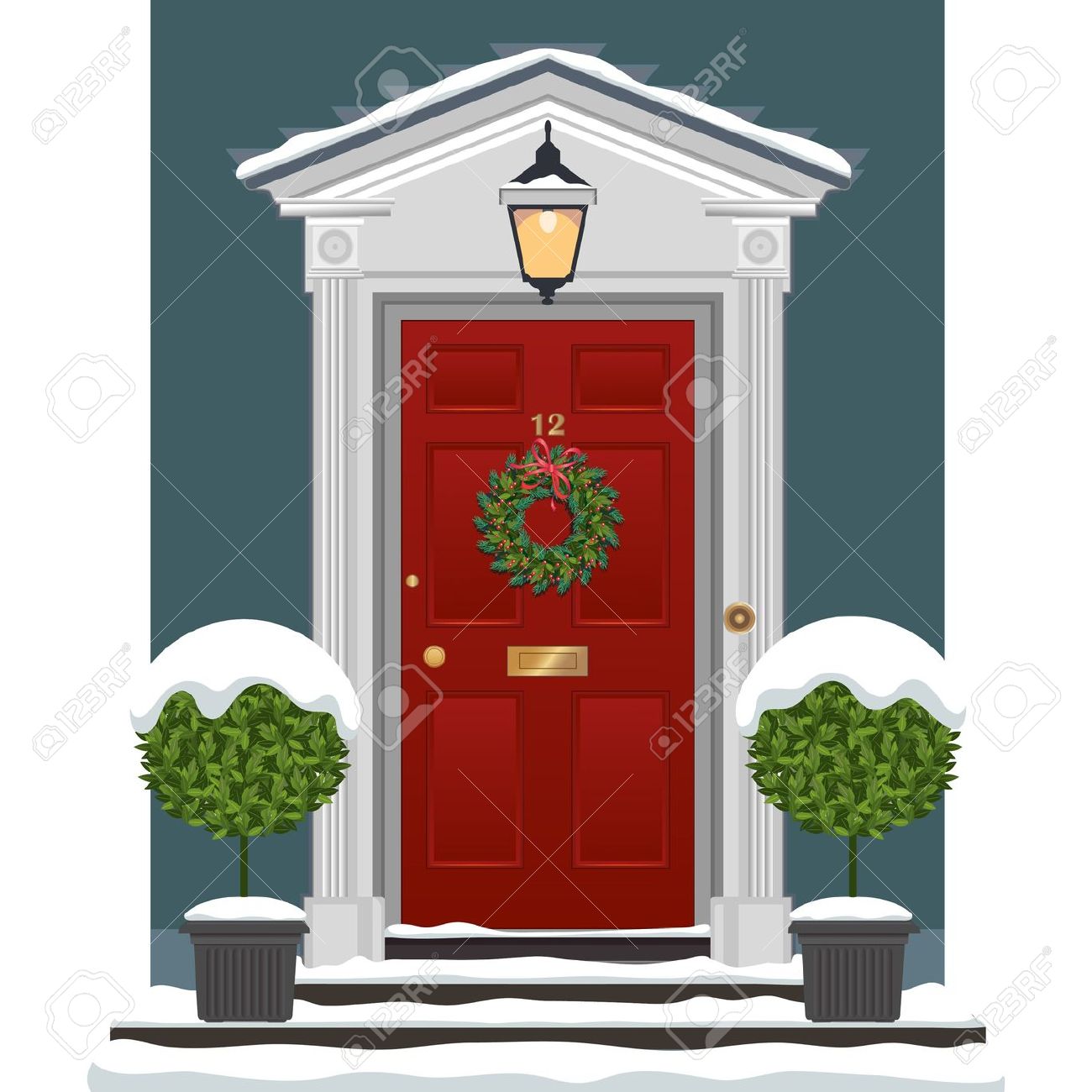 Red Painted Front Door With Christmas Wreath In The Snow. Royalty.