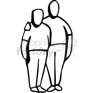 Black and white line drawing of a man with his arm around a boy clipart.  Royalty.