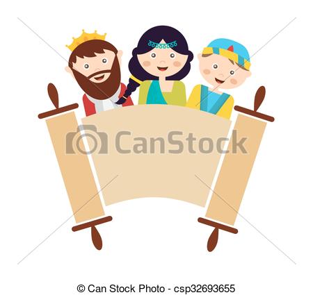 Clipart Vector of kids wearing costumes from Purim story. arranged.