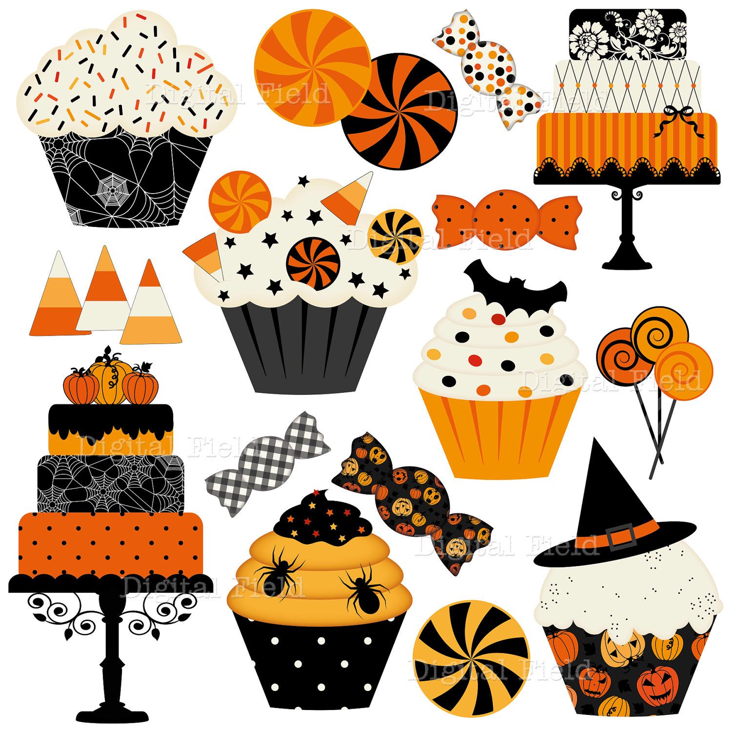 Halloween Cakes, Cupcakes and Candies Clip Art Set.