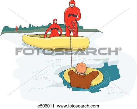 Clipart of Two rescuers wearing ice suits attempt to rescue a man.