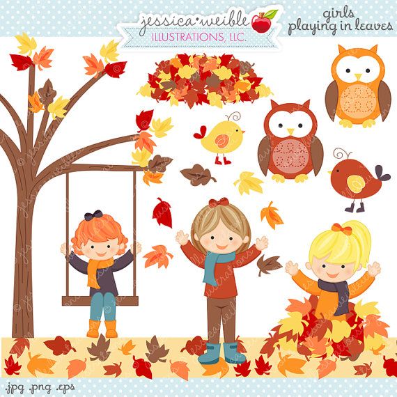 Girls Playing in Leaves Cute Digital Clipart.