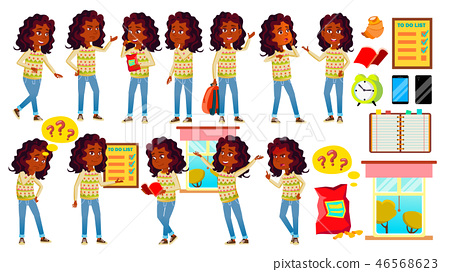 Indian Girl Kid Poses Set Vector. High School Child. Hindu.