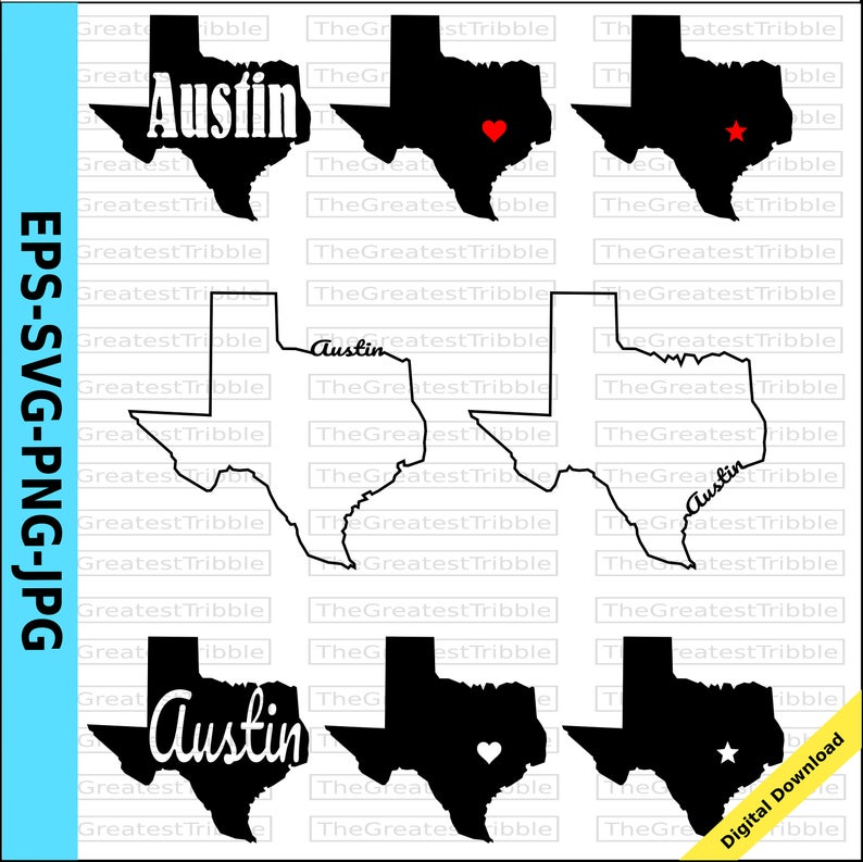 Texas Austin Heart Texas State Capital Star svg png jpg eps Vector Graphic  Clip Art Austin Texas Home Austin Outline Typography Silhouette.