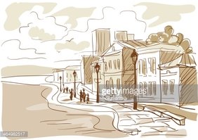 Sketch of A City Street, Boulevard Stock Vector.