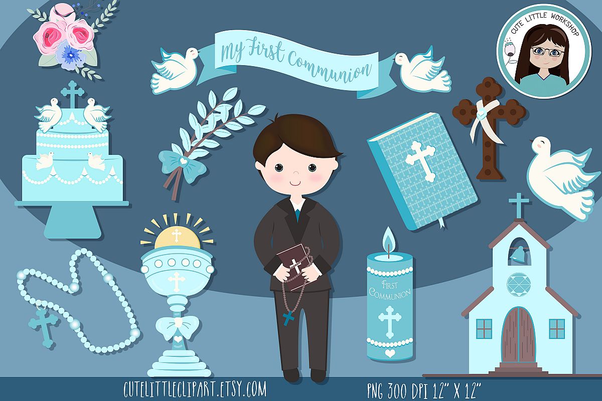 First Holy Communion Boy clipart bundle, Blue Boy Communion.