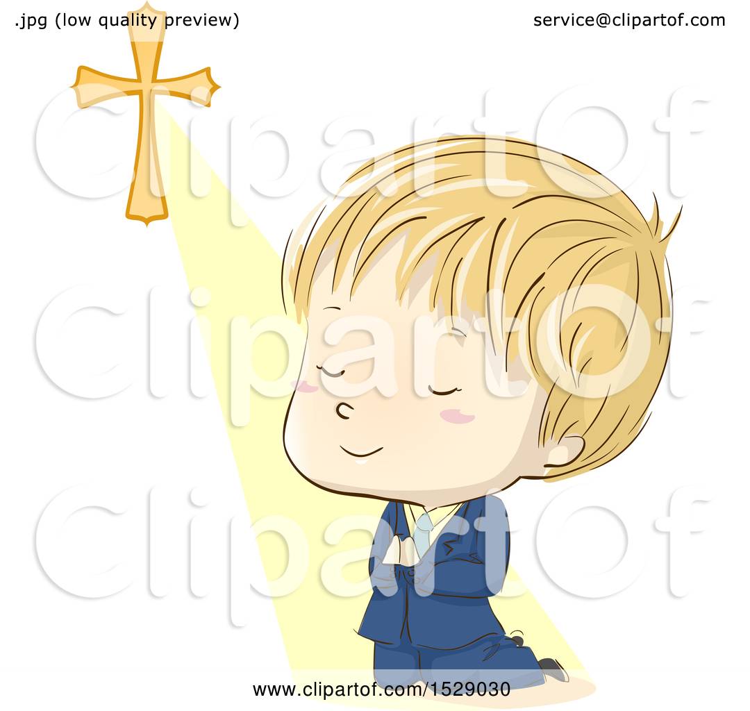 Clipart of a Sketched Blond Boy Praying and Kneeling in His First.