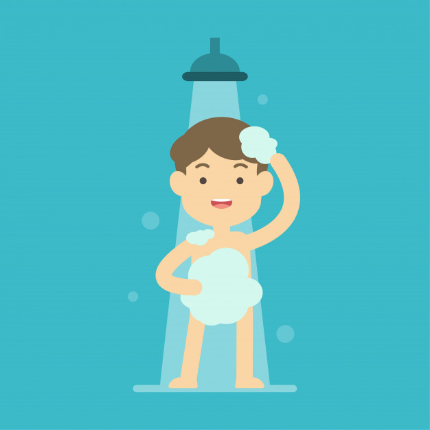 Happy boy taking shower in bathroom concept Vector.