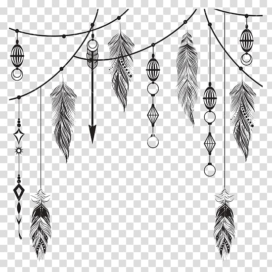 Black and brown feather hanging decoration illustration.