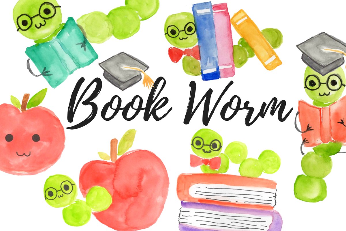 Watercolor school bookworm clipart.